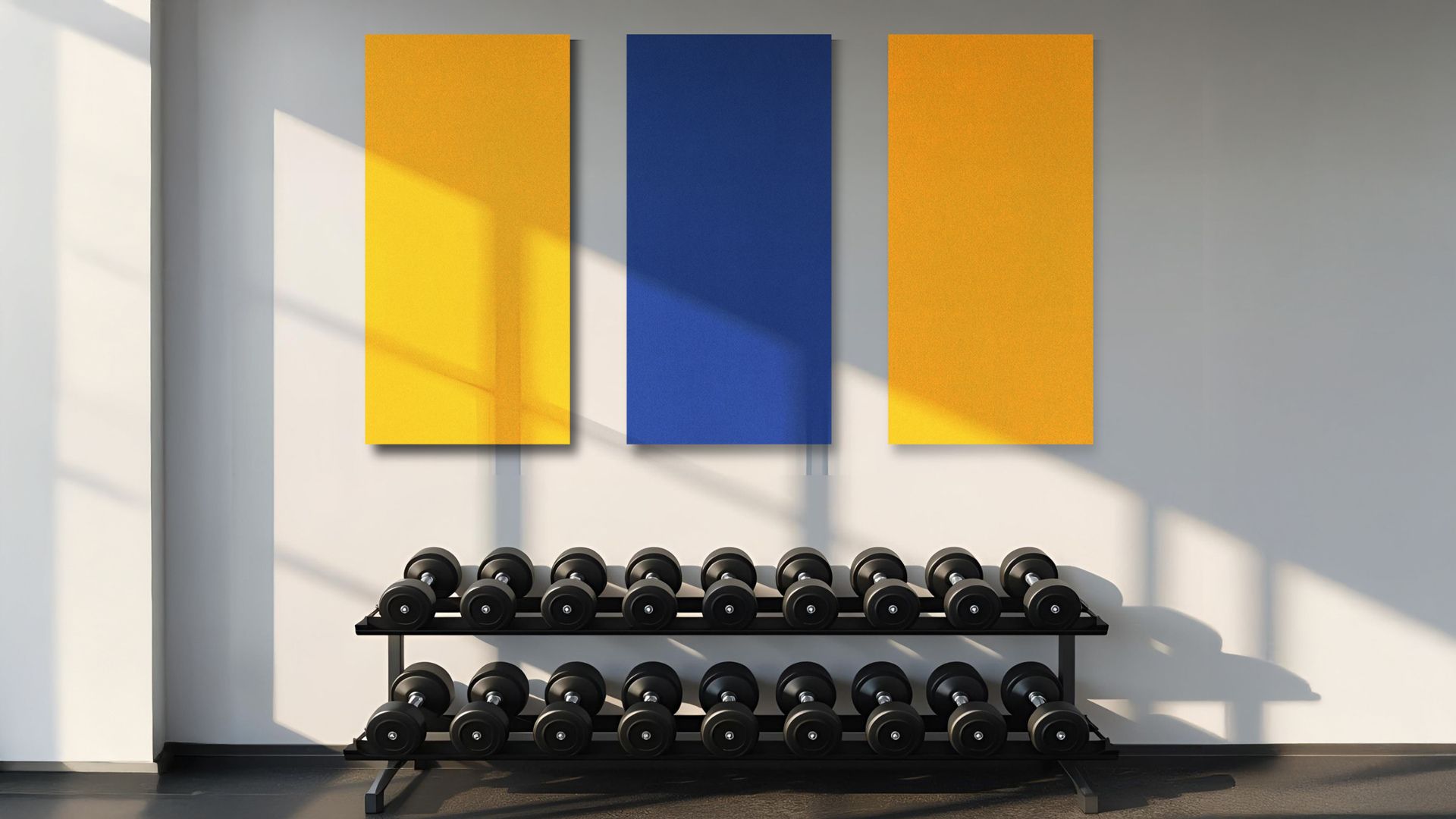 Fitnessraum mit Hanteln und Akustikelementen an der Wand