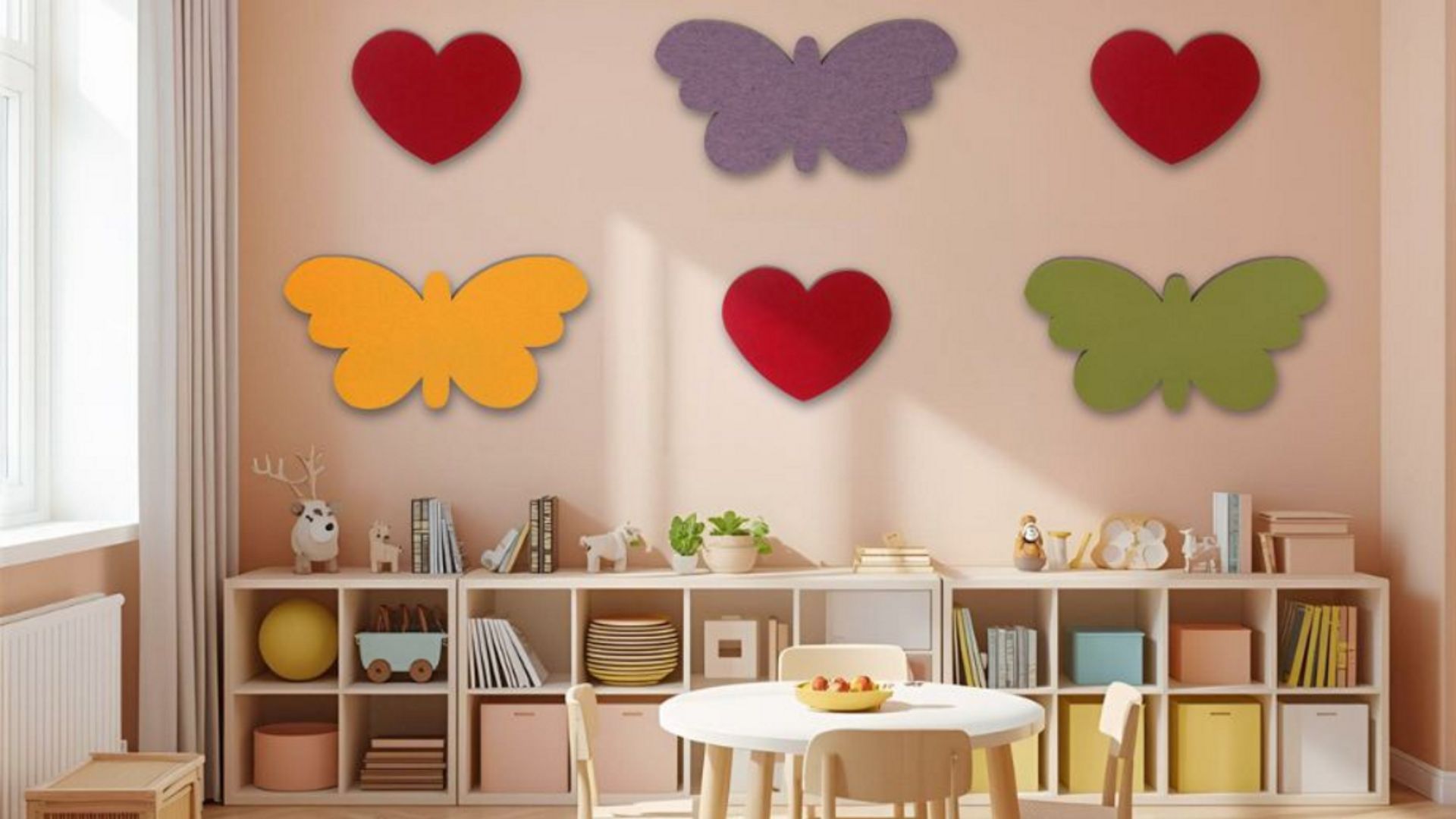 Kinderzimmer mit Wanddekoration, Regalen und farbigen Akustikabsorbern