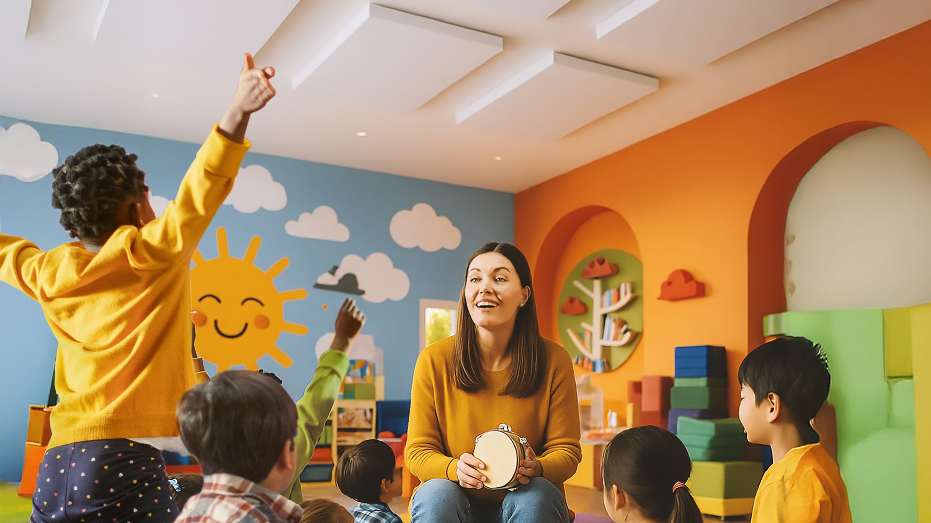 Akustikabsorber aus Schaumstoff in Schul- oder Kita-Raum