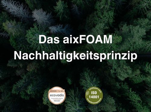 Luftaufnahme eines Waldes mit dem Schriftzug „Das aixFOAM Nachhaltigkeitsprinzip“ sowie EcoVadis- und ISO-14001-Siegeln