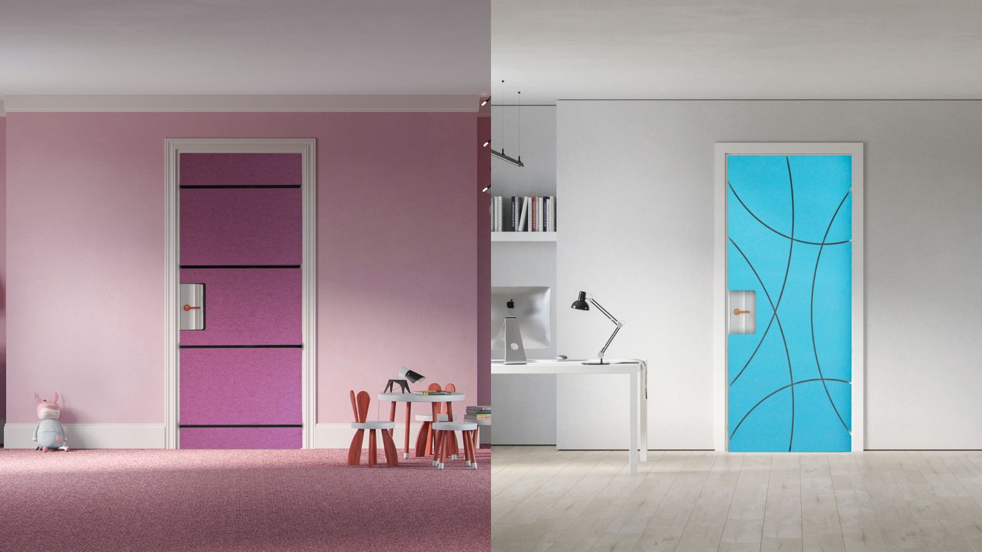 Innenraum mit zwei Türen mit verschiedenen Türdämmsets verkleidet