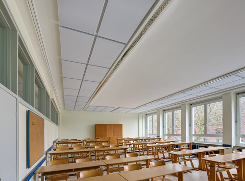 Unerwünschter Nachhall im Klassenraum Ein Klassenzimmer ohne Schallschutz besitzt viel Nachhall und eine schlechte Akustik.