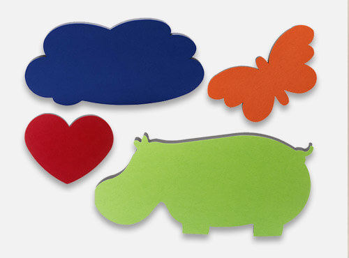 Kindgerechte Motiv Schallabsorber von aixFOAM Schallabsorber mit den Motiven Nilpferd, Wolke, Herz und Schmetterling als Schallschutz in Schule und Kindergarten.