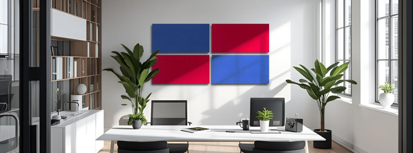 Akustikelemente mit Filzoberfläche im Büro Akustikelemente in designrot und royalblau mit Filzoberfläche im Büro