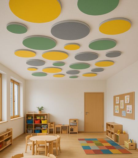 Schallabsorber FLAT Plus an der Decke eines Kindergartens Schallabsorber FLAT Plus an der Decke eines Kindergartens