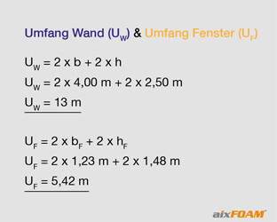 We determine the edge length of the wall as explained in Example 1. The edge length of the window is determined in the same manner.