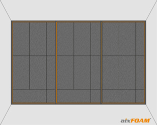 Absorptieplaten worden in de onderconstructie voor de wandbespanning met deelsegmenten gelijmd.