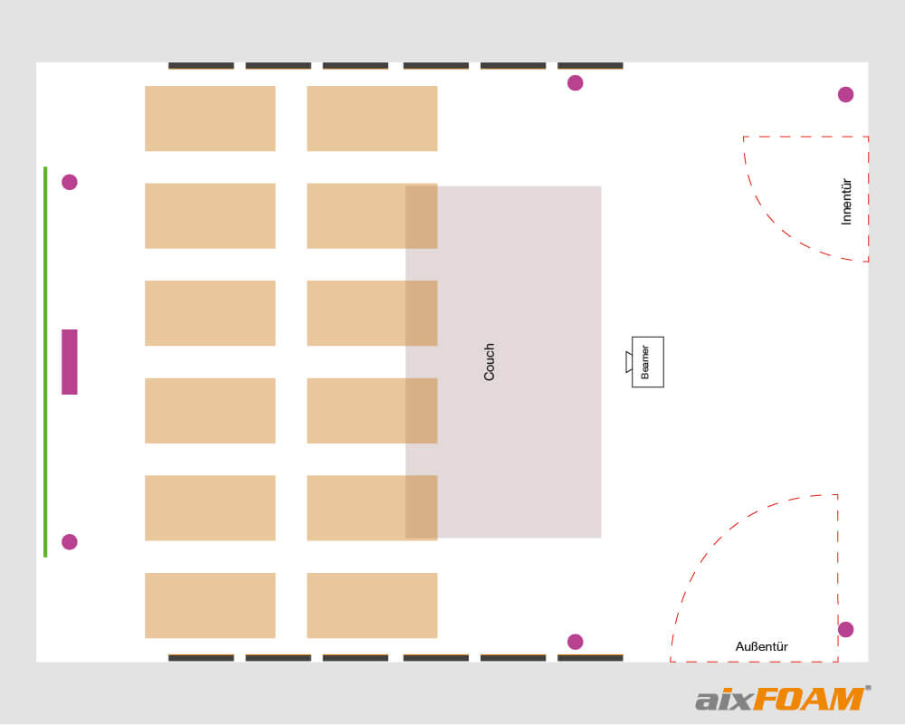 Floor plan with glued sound absorbers or sound absorbers in assembly cassettes