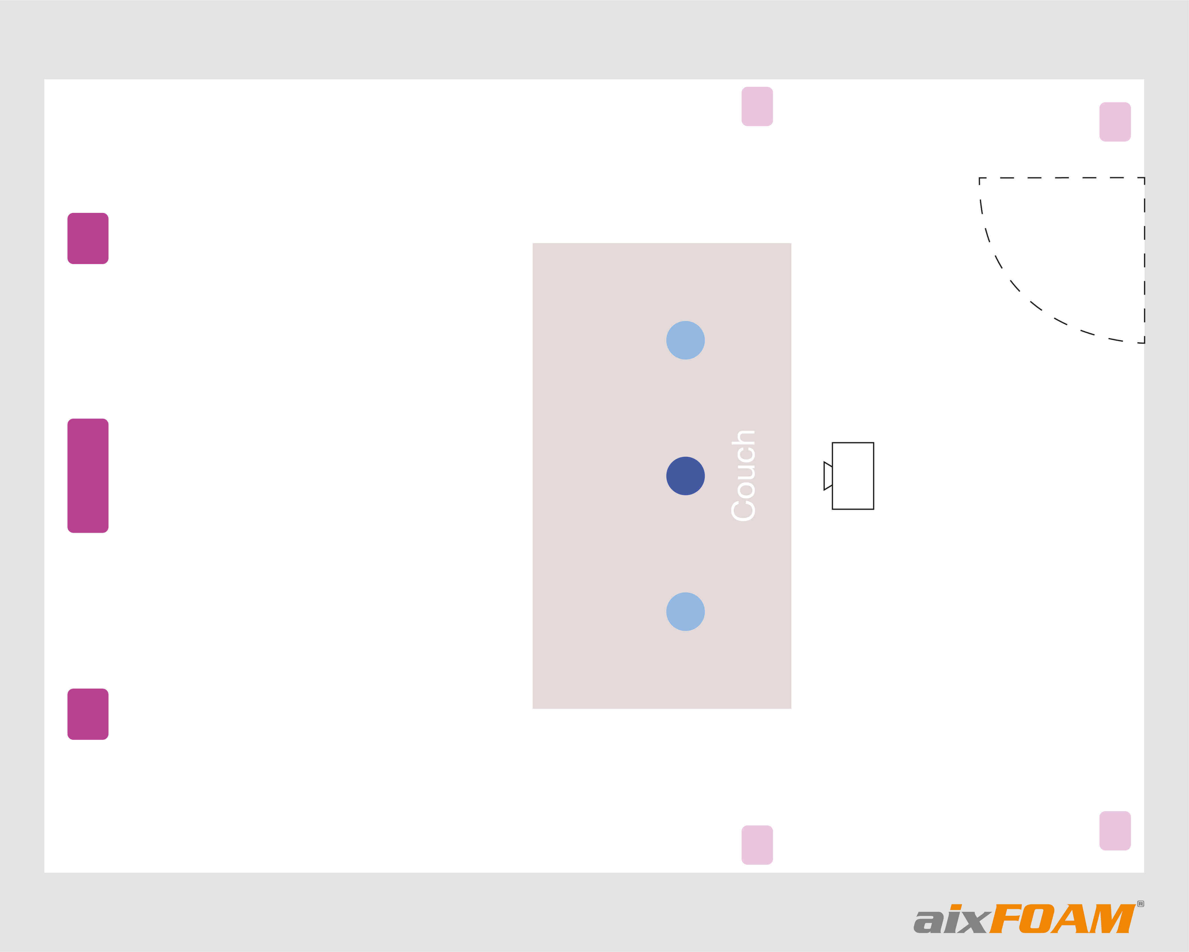 Scale plan of a home cinema with couch, projector and 7.1 sound system