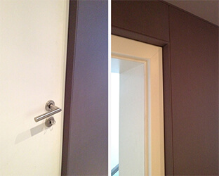 Visible edge covered with acoustic fabric on a door in the home cinema