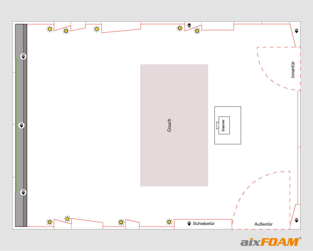 Plan final du home cinéma aixFOAM avec toile murale acoustique et système de sonorisation et de ventilation intégré