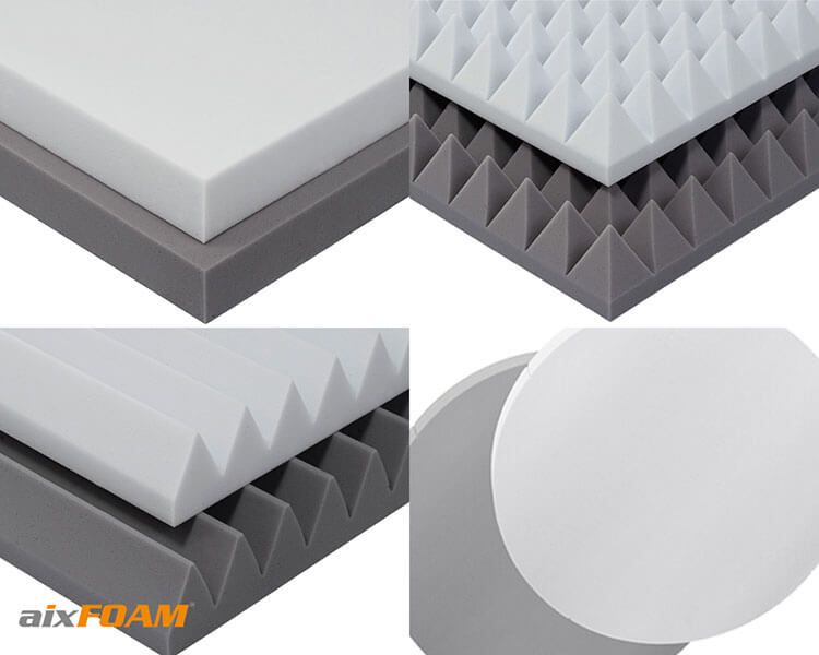 aixFOAM sound absorbers made of duromer acoustic foam, like sound absorbers made of Basotect, have a fine-pored, homogeneous surface. They retain their shape particularly well, and are light and highly effective sound absorbers.