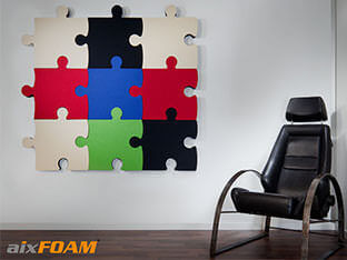 Fits in perfectly: Sound absorber FORMS Puzzle in playful design ensure effective soundproofing.
